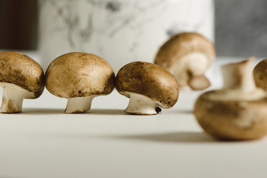 Fresh raw mushrooms, in white background, portobello variety