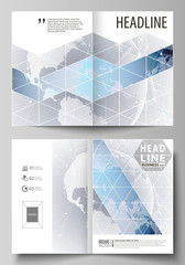The vector illustration of the editable layout of two A4 format modern cover mockups design templates for brochure, magazine, flyer. Technology concept. Molecule structure, connecting background.