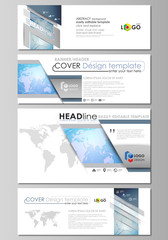 Fototapeta na wymiar The minimalistic vector illustration of editable layout of social media, email headers, banner design templates in popular formats. World map on blue, geometric technology design, polygonal texture.