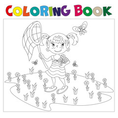 Coloring book girl chasing butterflies