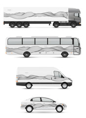 Mockup vehicles for advertising and corporate identity. Branding design for transport. Passenger car, bus and van. Graphics elements with abstract geometric objects.