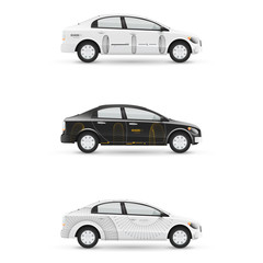 Fototapeta na wymiar Mockup of white passenger car. Set of design templates for transport. Branding for advertising, business and corporate identity.