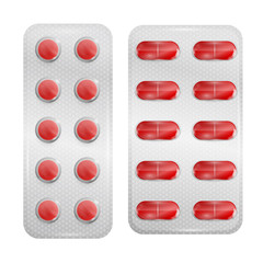 Realistic 3d blister with tablet and capsules. Vector medical drugs isolated on white background.