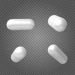 Set of realistic white 3d capsules. Vector medical tablet isolated on transparent background.