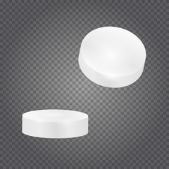 Two realistic white 3d tablets. Vector medical drugs isolated on transparent background.