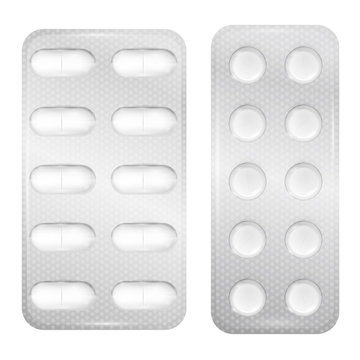 Realistic 3d blister with tablet and capsules. Vector medical drugs isolated on white background.