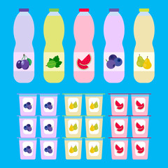 set of containers and bottles with fruit yogurt. vector.