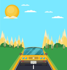 Picture of car on the road with city silhouette on background, flat style illustration