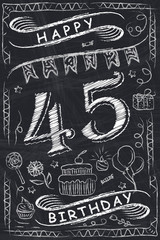 Anniversary Happy Birthday Card Design on Chalkboard. 45 Years