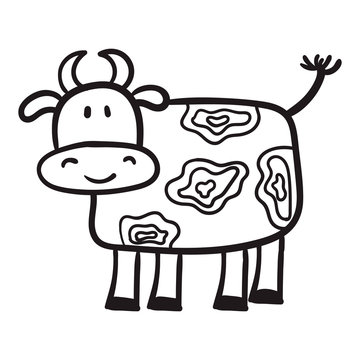 From the hand-painted cow in a cartoon style, the primitive subjects of agriculture, black contour on white background