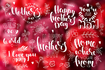 Naklejka premium Mother's day brush pen handwritten lettering set over abstract blurred background