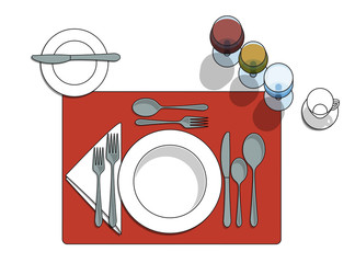 Table setting diagram with eating utensils, cups, placemat  - 142565335