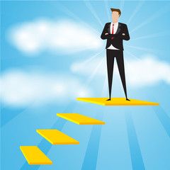 Business characters. Businessman standing on gold plate with blue background, Successful businessman concept.