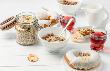 breakfast with oats, apple chips, glazed croissant