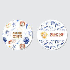 Seashells hand drawn vector colorful etching sketch isolated on white background, seamless patterns, underwater artistic marine blue texture, template label, layout design for card, beauty salon, spa