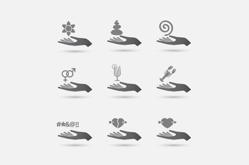 Set of hands in giving position with  Zen and relaxation related icons