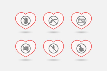 Set of line art hearts with  prohibition related icons