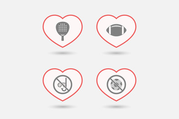 Set of line art hearts with  sports and recreation related icons