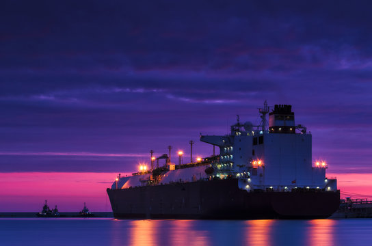 GAS CARRIER IN PORT - Ship at the harbor at dawn