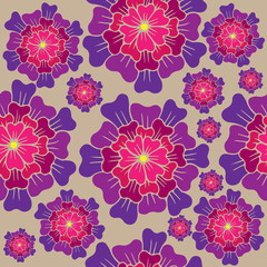Fototapeta na wymiar Vector seamless floral pattern with pink flower on beige background