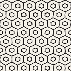 Seamless black and white pattern with hexagon lattice. Creative monochrome hand drawn honeycomb background.