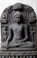 Buddha in Bhumisparsha, from 10 -11th century found in Bihar now exposed in the Indian Museum in Kolkata, West Bengal, India 