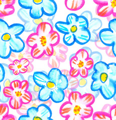 Obraz premium Seamless background pattern with bright blue, yellow and pink simple abstract daisies painted in watercolor