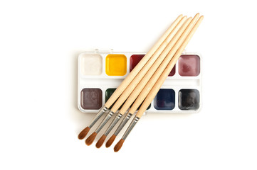 watercolor paints and  brushes