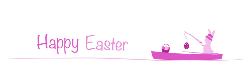 Happy Easter. Rabbit in a boat with fishing rod and eggs. Pink shade.