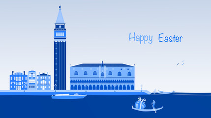 Happy Easter. Man on Gondola with a big easter egg in Venetian landscape. Blue shade.