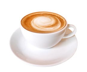 Hot coffee latte cappuccino spiral foam in ceramic cup isolated on white background, clipping path included