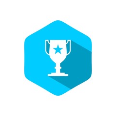 White trophy icon flat blue hexagon