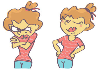 Cartoon illustration of girl in satisfied and grumpy pose with face expression