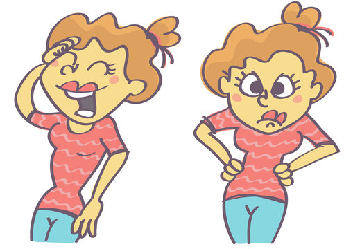 Funny cartoon with laughing and angry woman
