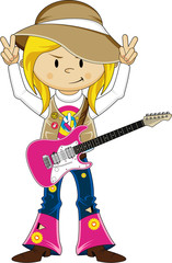 Cartoon Hippie Girl with Guitar