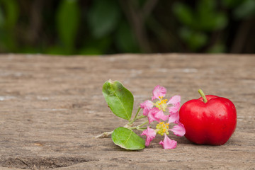 Acerola cherry of thailand on wood. Select focus, Barbados cherry, Malpighia emarginata, high vitamin