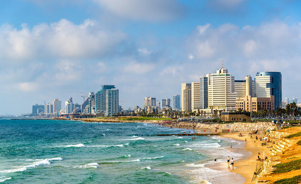 View of Alma Beach on the Mediterranean waterfront in Tel Aviv