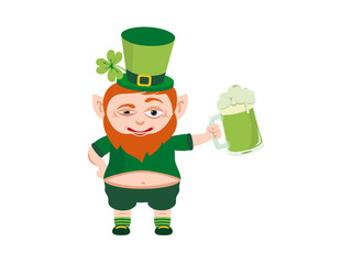 Funny drunk leprechaun with green beer vector illustration. Celebrating happy leprechaun cartoon character. Happy St. Patrick's Day graphic design element