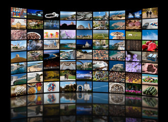 Fototapeta na wymiar Video wall concept made of a lot of different photos representing LCD or LED TV