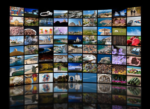 Video wall concept made of a lot of different photos representing LCD or LED TV