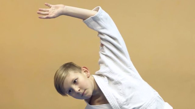Little boy in training in martial arts in the gym, slow motion.