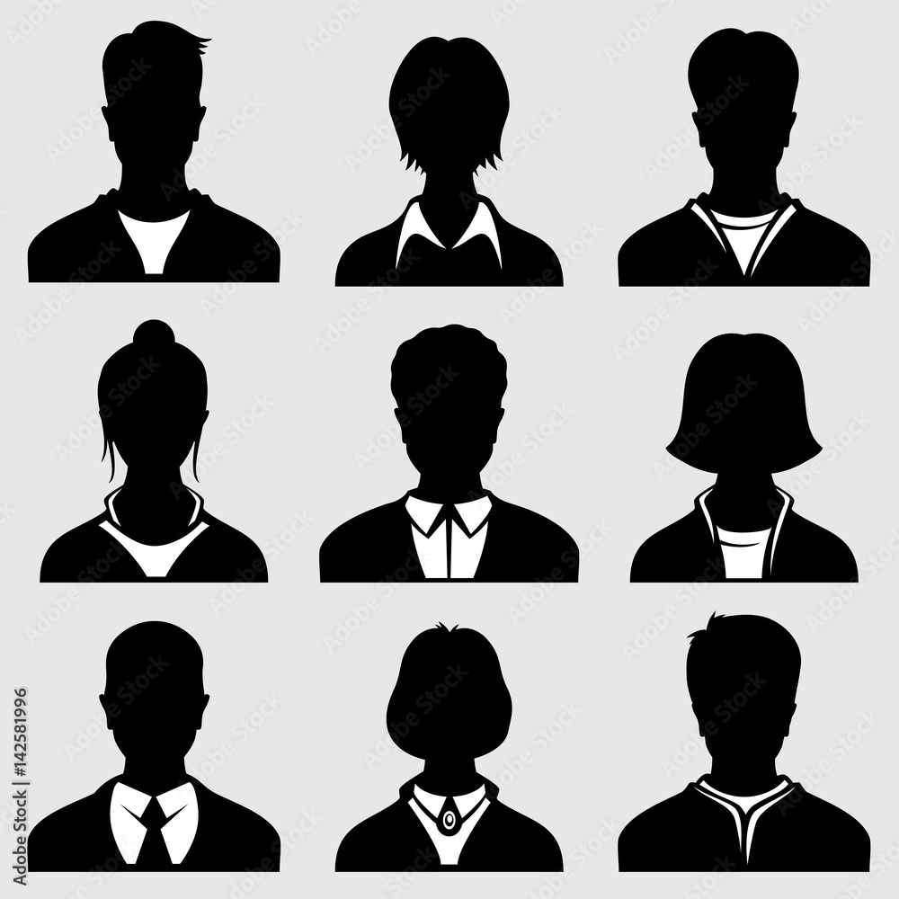 Poster Woman and man head silhouettes, anonymous person vector icons