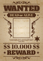 Vintage wanted western poster with blank space for criminal photo. Vector mockup - obrazy, fototapety, plakaty