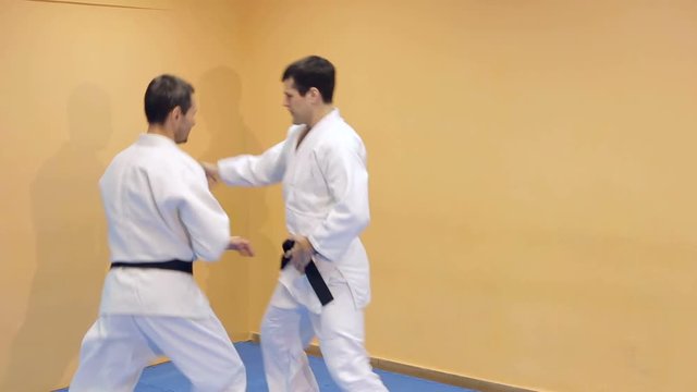 Athletes with wooden knives demonstrating martial arts techniques.