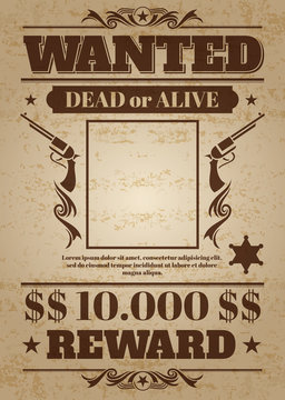 Vintage wanted western poster with blank space for criminal photo. Vector mockup