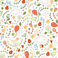 Vector seamless doodle floral pattern. Good ornamental hand drawn background with flowers and stars for children stuff, printed works, invitations, stationery.