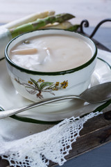 Spring season - homemade white and green asparagus soup, ready to eat