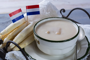 Spring season - homemade white  AA Dutch asparagus soup, ready to eat