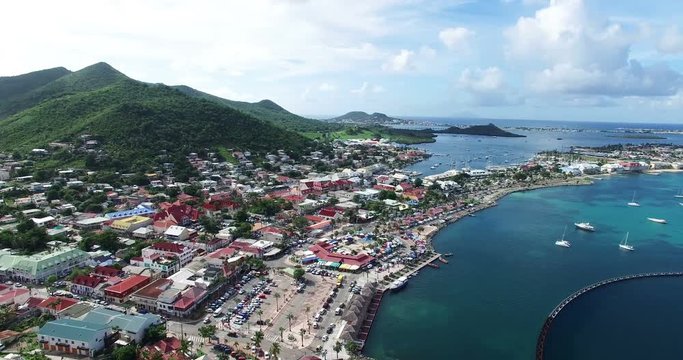 Marigot French Saint Martin. Aerial view of Marigot revealing beautiful houses and buildings.