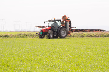 Tractor spraying pesticide on wheat field with sprayer